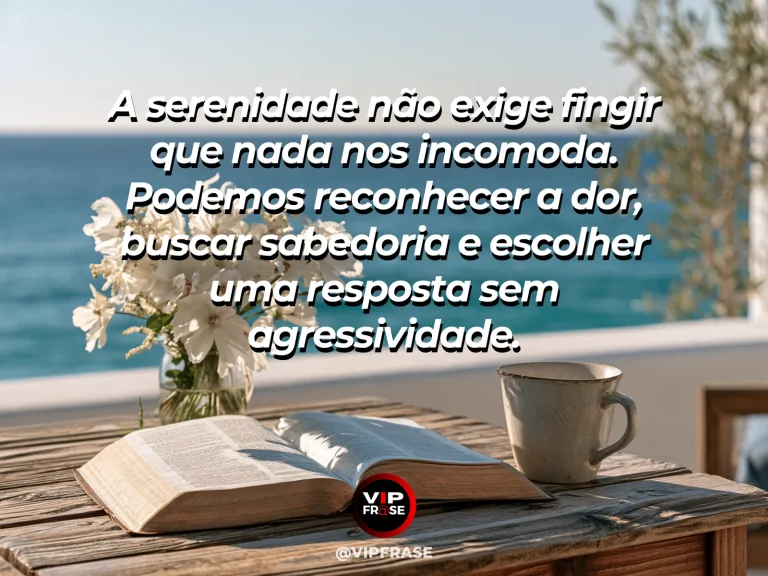 Mensagem sobre serenidade sem fingir indiferença, com varanda iluminada com livro aberto, folhas verdes e céu claro.