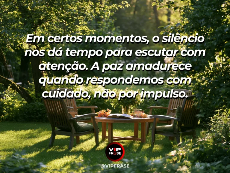 Mensagem sobre silêncio para discernir antes de responder, com mesa de madeira com dois assentos e janela aberta para flores.