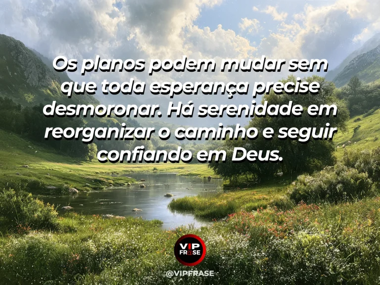 Mensagem sobre tranquilidade diante de planos interrompidos, com trilha de jardim contornando uma colina após a chuva.