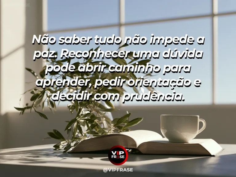 Mensagem sobre tranquilidade na hora de admitir dúvidas, com caderno aberto e vaso de flores na varanda ensolarada.