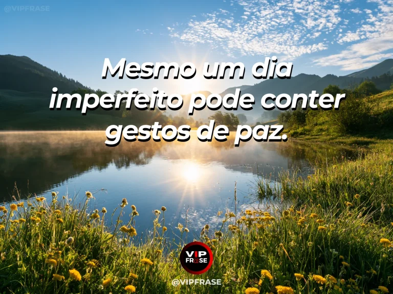 Mensagem sobre um lugar para a paz em dias imperfeitos, com prado florido que alcança margem de lago sob céu aberto.