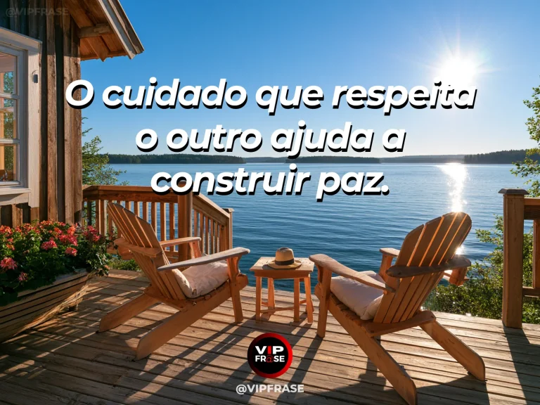 Mensagem sobre uma calma que acolhe sem dominar, com bancos de madeira entre árvores e canteiros cheios de flores.