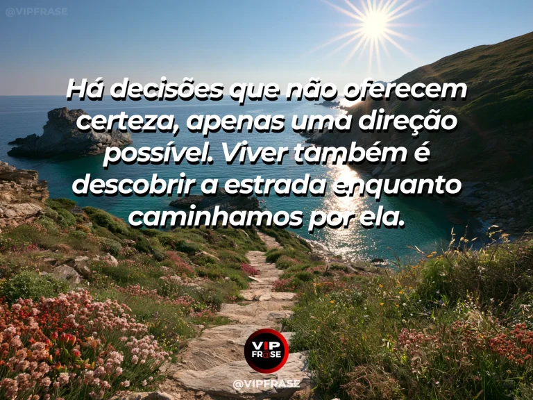 Mensagem sobre a vida com trilha costeira com mar azul e buganvílias.
