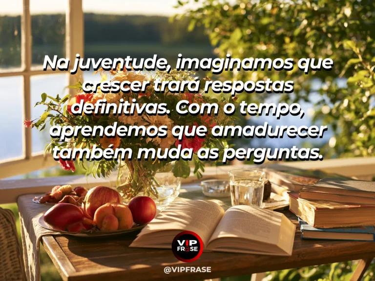 Mensagem sobre a vida, com uma biblioteca pequena com livros e janelas abertas para um jardim.