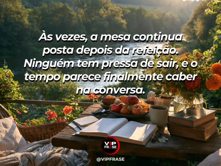 Mensagem sobre a vida, com uma mesa posta após refeição em um jardim mediterrâneo ensolarado.