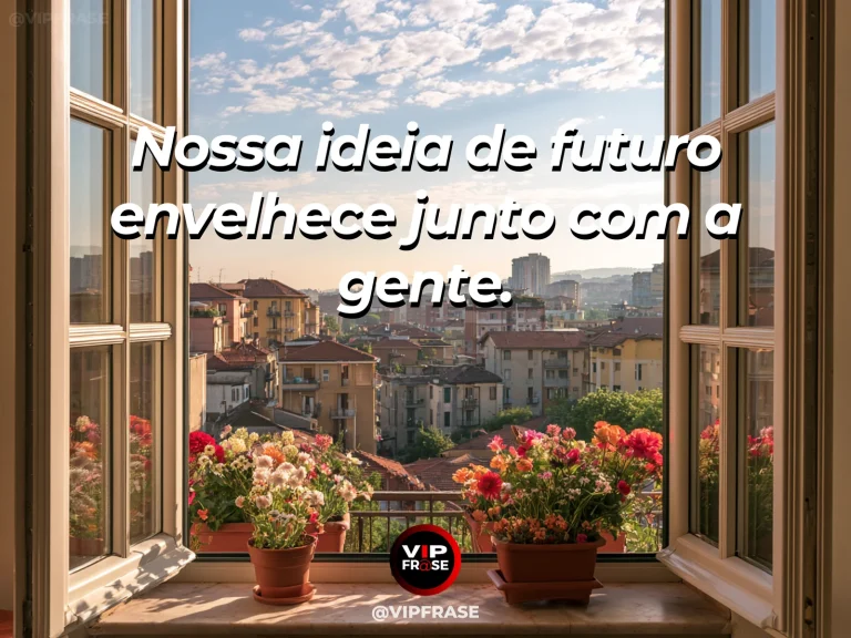 Mensagem sobre a vida, com uma janela aberta para telhados floridos e um horizonte luminoso.