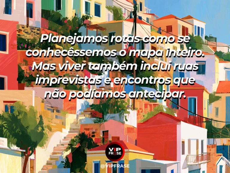 Mensagem sobre a vida com vila no alto da colina com vielas e mar azul.
