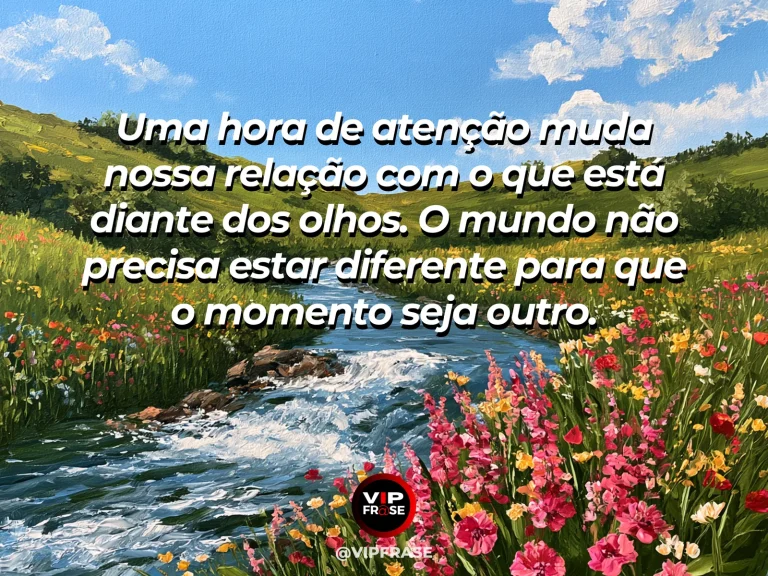 Mensagem sobre a vida, com riacho atravessando campina de flores silvestres sob luz clara.