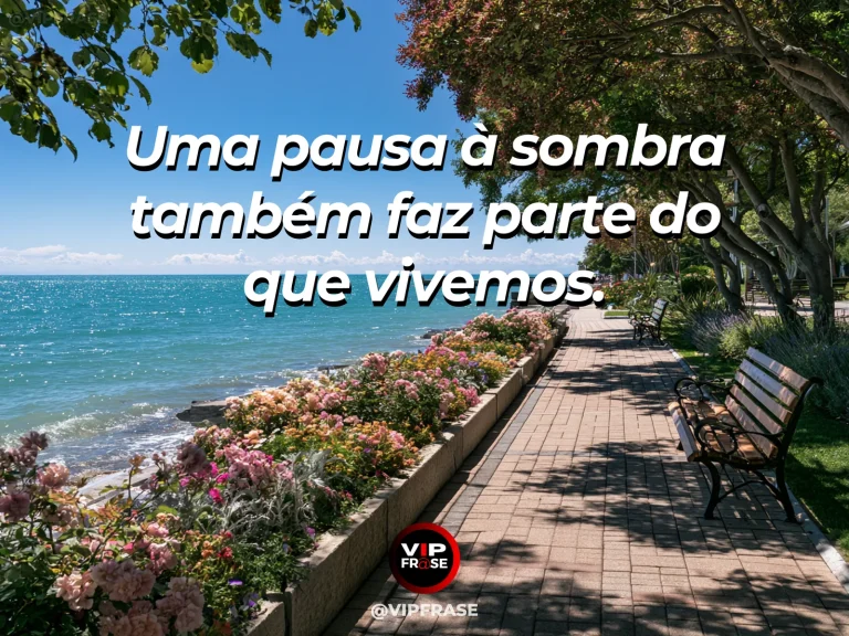 Mensagem sobre a vida, com um banco à sombra das árvores em uma varanda com vista para a água.