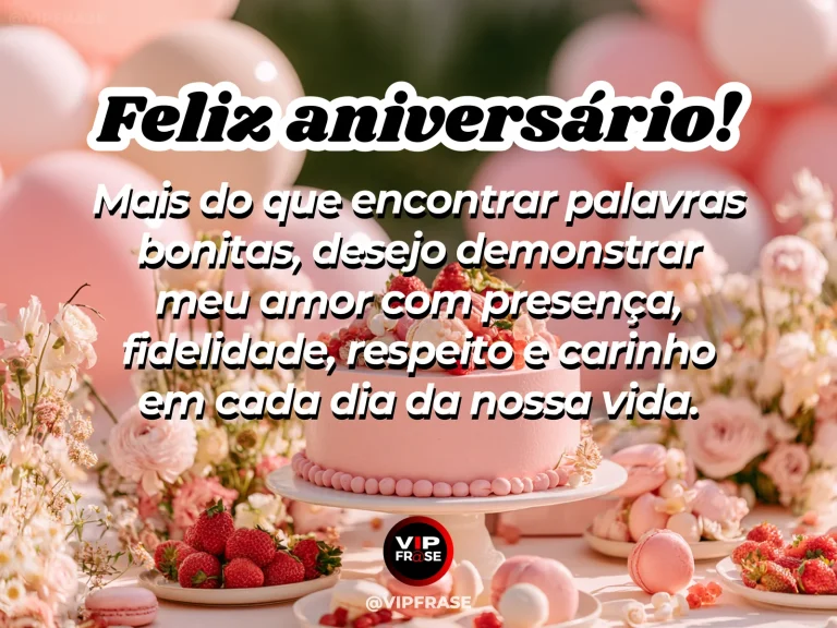 Mensagem de aniversário para esposa sobre amor e cumplicidade, com cenário romântico iluminado.