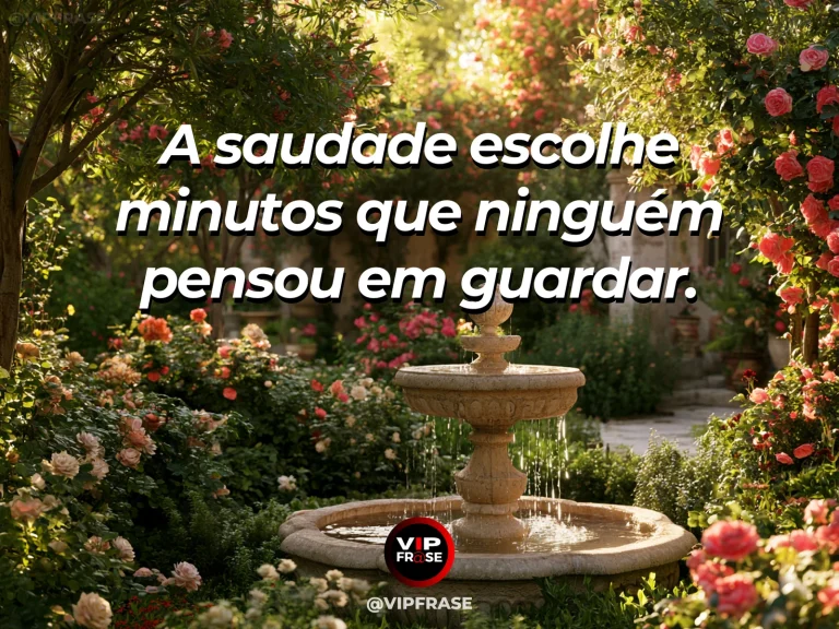 Frase sobre saudade com relógio de sol antigo num jardim cheio de cores.