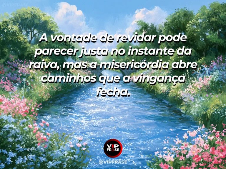 Arte com frase de paz sobre misericórdia no lugar da vingança, em cenário de ponte de pedra ligando duas margens de um riacho florido.