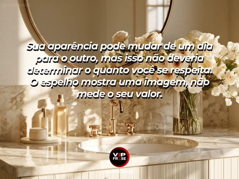 Mensagem de autoestima sobre self-worth beyond physical appearance, com elegant mirror reflecting a luminous garden rather than a person