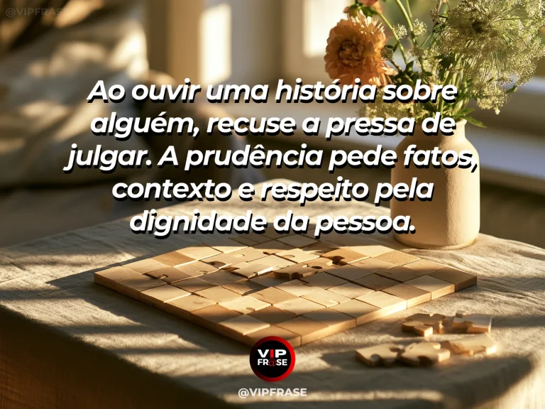 Mensagem de sabedoria sobre prudência antes de julgar, com peças de quebra-cabeça sem desenho em mesa iluminada.