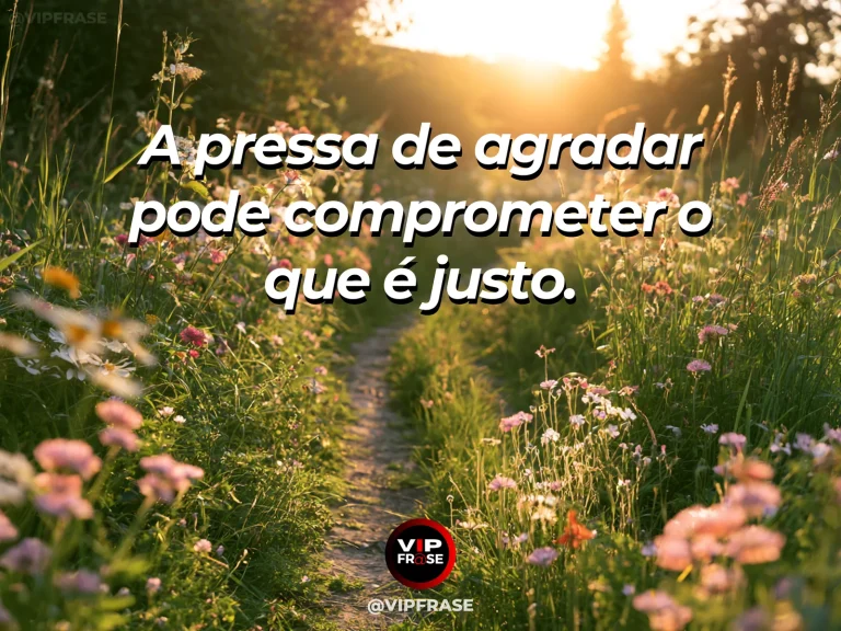 Frase de sabedoria sobre justiça acima da aprovação, com caminho claro saindo de jardim cheio de flores chamativas.