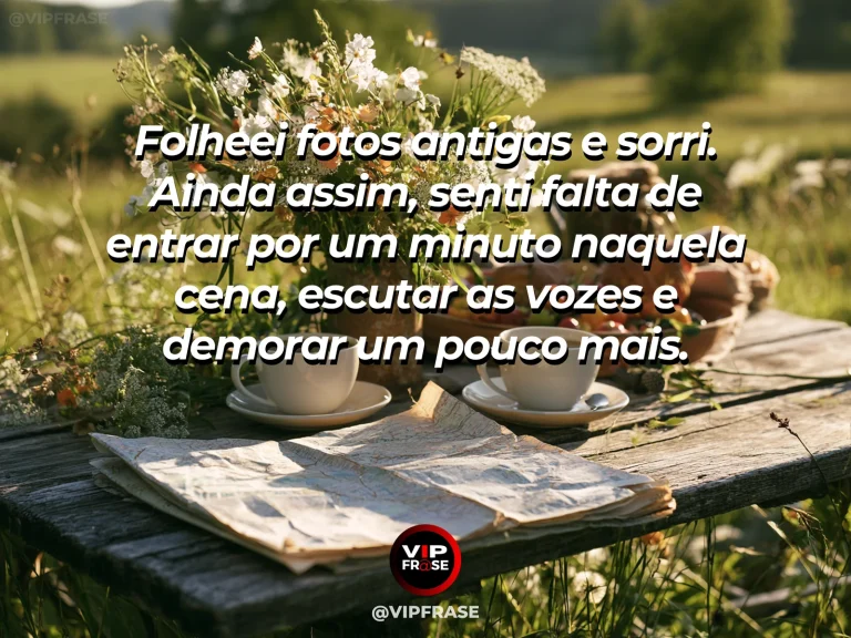 Mensagem de saudade sobre a falta de reviver um instante, com álbum de fotografias sobre mesa com margaridas.