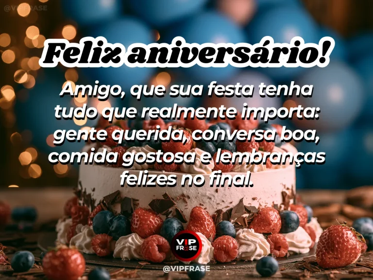 Arte de aniversário para amigo sobre felicidade, com cenário comemorativo acolhedor e elementos visuais relacionados à amizade.