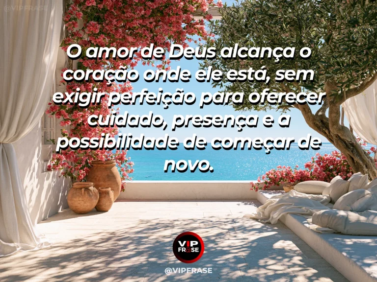 Mensagem sobre o amor acolhedor de Deus com jardim de rosas iluminado.