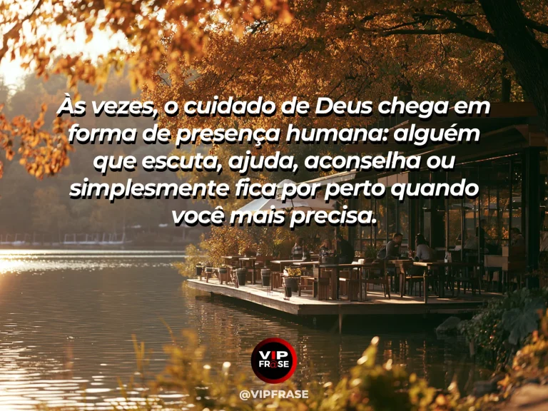 Mensagem sobre Deus com duas xícaras numa mesa de jardim sugerindo companhia.