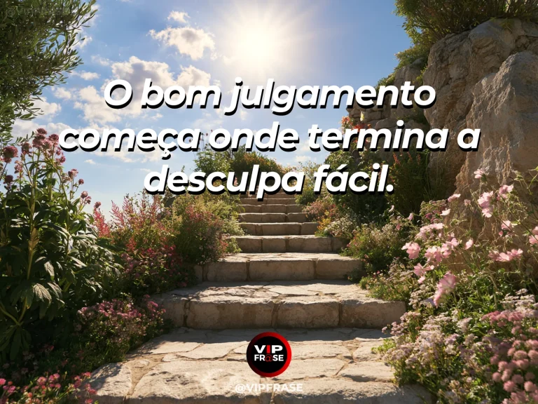 Frase de sabedoria sobre responsabilidade e desculpas fáceis, com caminho de pedras firmes entre flores, com uma trilha de terra que termina diante de uma cerca baixa.