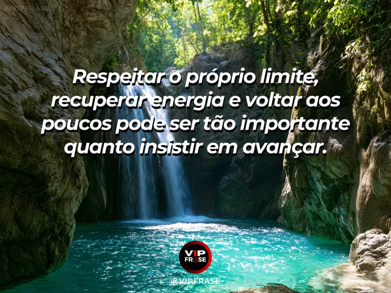 Mensagem de superação com águas tranquilas em cenário de montanha e flores, representando recuperação de energia antes da retomada.