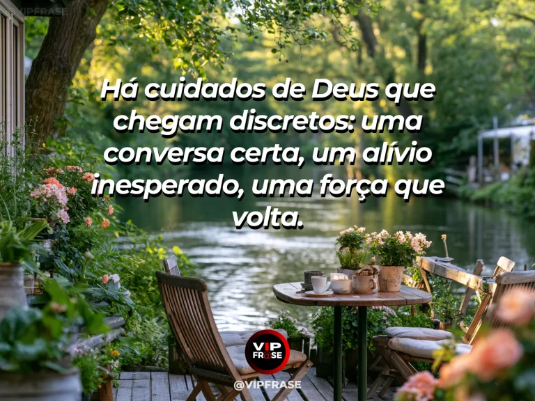 Frase sobre Deus com mesa aconchegante junto a uma janela aberta para um jardim luminoso, com flores e luz da manhã.