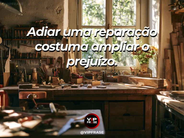 Frase de sabedoria sobre reparar erros sem demora, com muro de jardim com pequena fissura sendo preenchida por argamassa ao lado de flores.