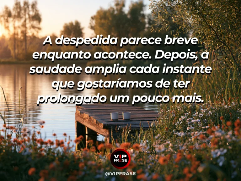 Frase sobre saudade com barco de madeira afastando-se de cais florido ao pôr do sol.