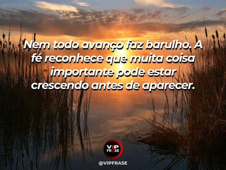 Frase de fé com lago com brotos e vitórias-régias emergindo sob a luz do amanhecer.