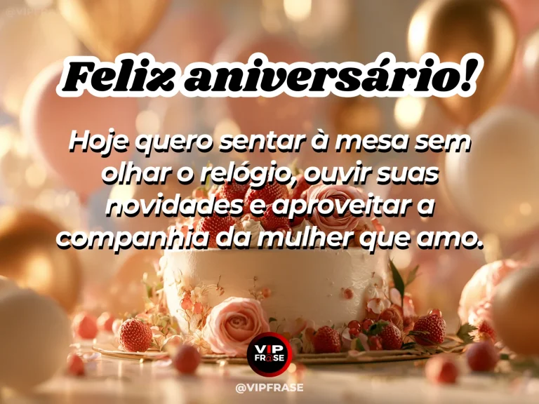 Mensagem de aniversário para esposa sobre amor e cumplicidade, com cenário romântico iluminado.