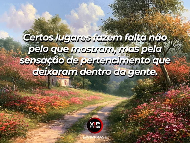 Frase sobre saudade com pequena vila de montanha envolvida por jardins coloridos.