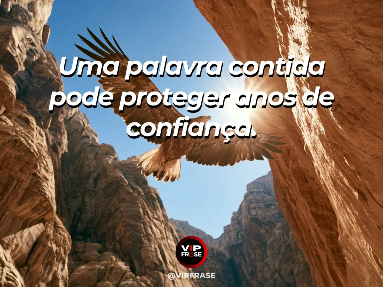Frase de força sobre o peso das palavras, ilustrada por um penhasco escarpado e uma águia que cruza o céu límpido acima de um vale silencioso.