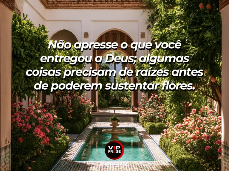 Arte sobre o que é seu não precisa nascer da pressa, com planta jovem com raízes fortes e primeiros botões florais.