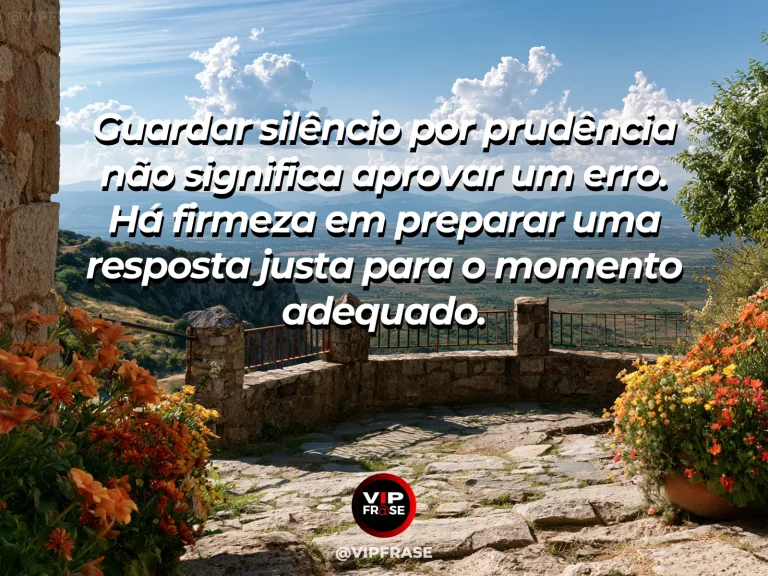 Frase de força sobre o silêncio não precisa ser cumplicidade, ilustrada por uma torre de vigilância de pedra cercada por jardins ao amanhecer.