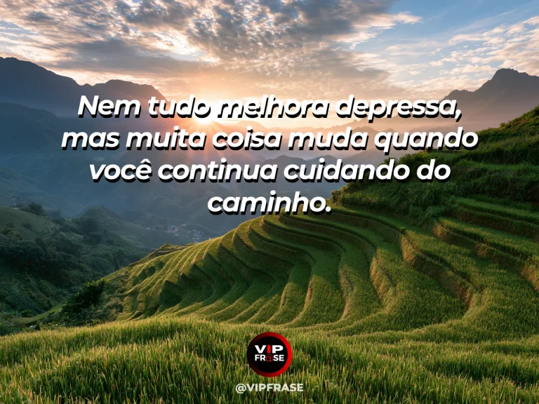 Frase de superação em quiet garden path with morning mist lifting.