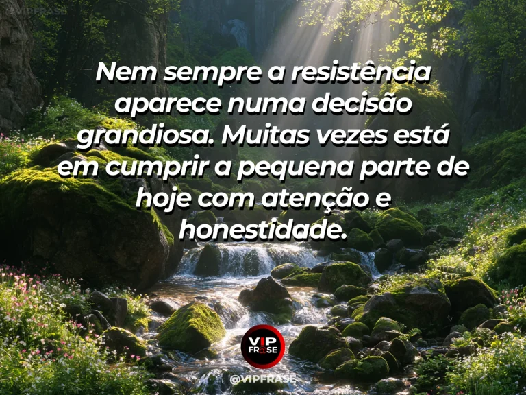 Frase de força sobre o valor do passo discreto, com pedras firmes formando pequenos passos sobre riacho cristalino.