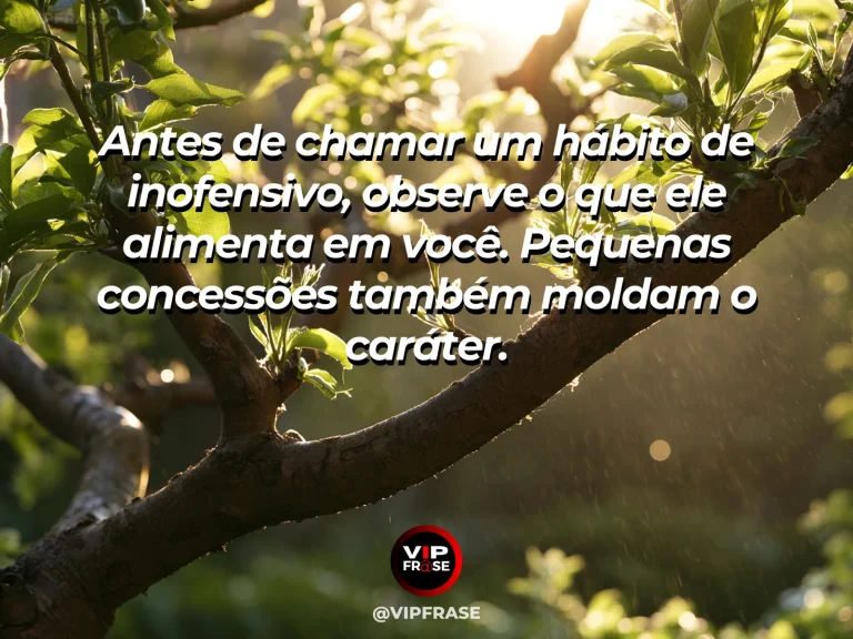 Mensagem de sabedoria sobre hábitos que moldam caráter, com bonsai florido e ferramentas de jardinagem em varanda.