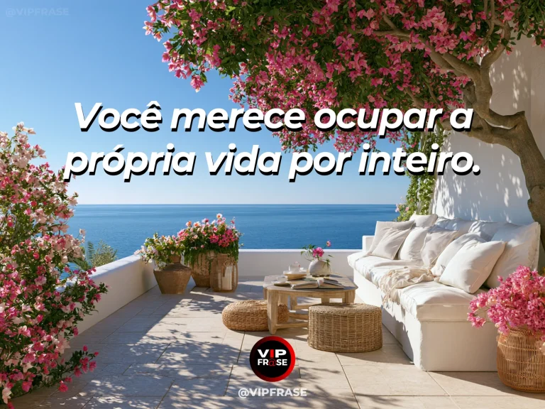 Frase de autoestima sobre taking up space in your own life, com bright Mediterranean balcony overlooking the sea