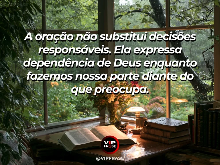 Arte com frase de paz sobre oração com decisões responsáveis, em cenário de varanda verdejante com livro e xícara sob luz natural.