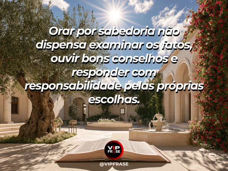 Frase de sabedoria sobre oração e responsabilidade nas decisões, com livro aberto sem escrita ao lado de caderno e trilha verde vista pela janela.