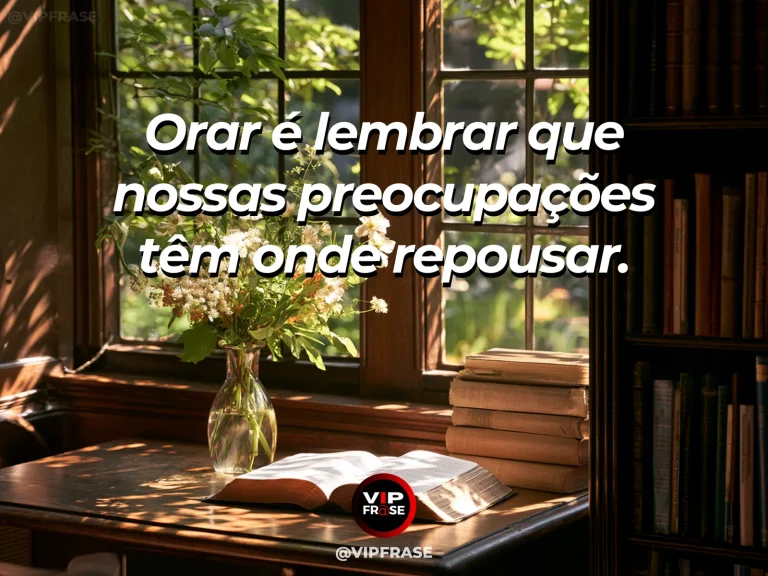 Arte com frase de paz sobre oração para confiar as preocupações, em cenário de mesa de oração com livro aberto e flores delicadas.