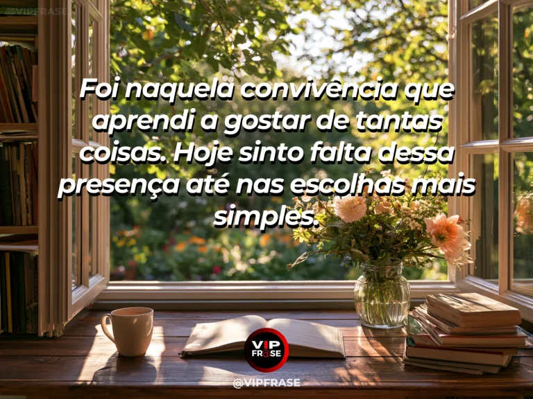 Mensagem sobre saudade, com coleção de objetos queridos, livro fechado e vaso de plantas à luz do sol.