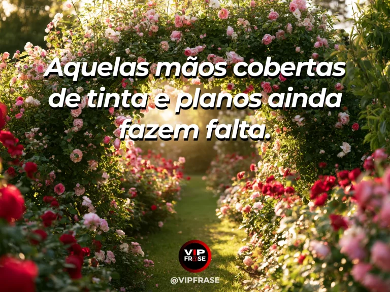 Mensagem sobre saudade, com mesa de artes com potes de tinta e pincéis diante de jardim.