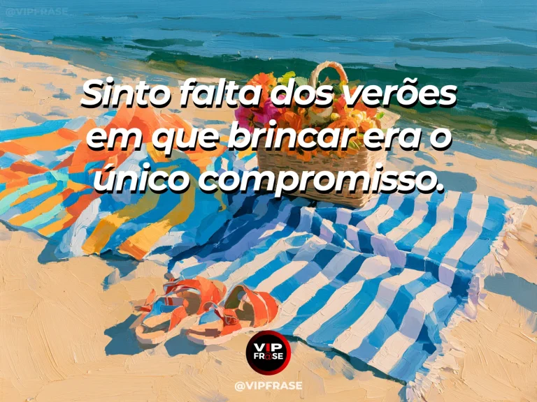 Mensagem de saudade sobre a falta dos verões sem compromisso, com varanda ensolarada com rede e plantas.