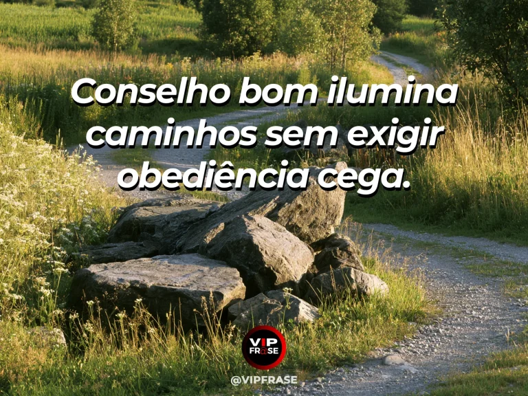 Mensagem de sabedoria sobre conselho e responsabilidade, com bifurcação em jardim com placa de madeira vazia.
