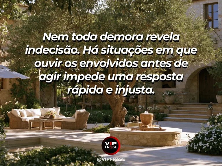 Mensagem de sabedoria sobre ouvir todos antes de decidir, com mesa redonda de madeira com quatro cadeiras em jardim.