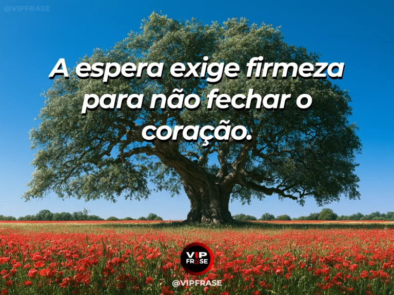 Frase de força sobre paciência que não fecha o coração, com cerejeira florida na encosta de montanha acima de um vale nevoento.