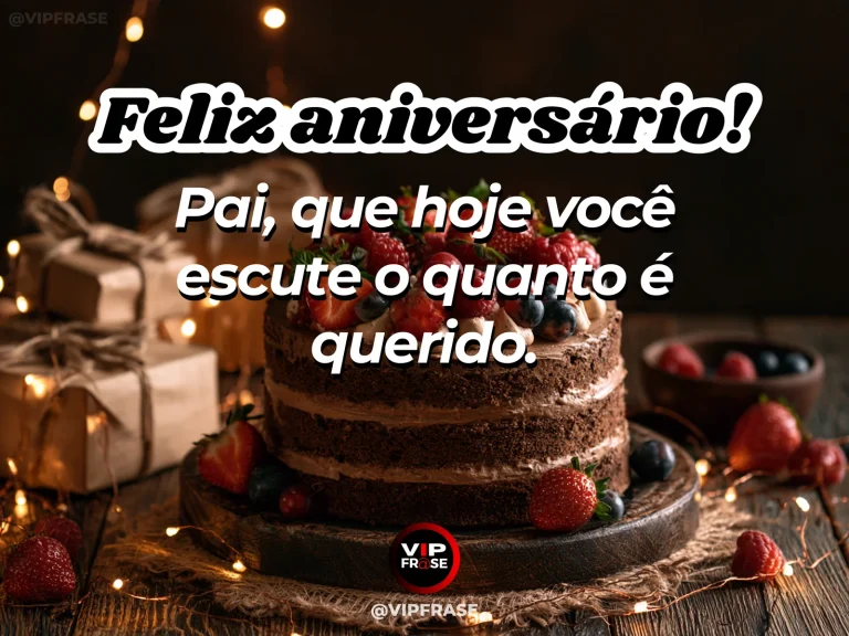 Mensagem de aniversário para pai sobre palavras de afeto, com elegant birthday cake surrounded by warm glowing lights and small gift envelopes without writing.