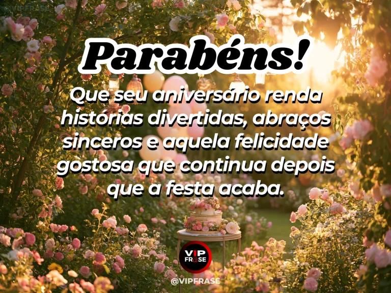 Mensagem de parabéns em jardim florido com rosas cor-de-rosa, bolo ao fundo e luz dourada do sol.