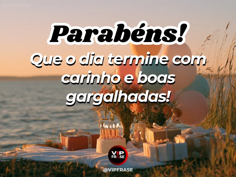Mensagem de aniversário bem-humorada sobre um aniversário que termina com carinho e gargalhadas, ilustrada com mesa de presentes e flores junto ao mar ao entardecer.